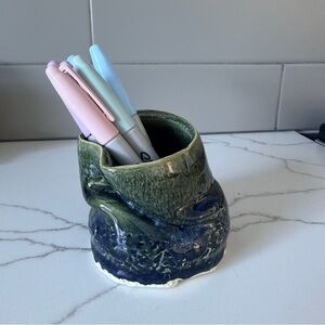Handcrafted Green and Blue Pottery Pen Holder